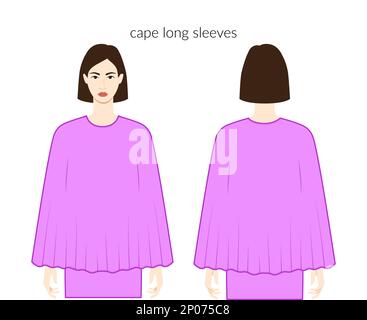 Cape-Ärmel Kleidung lange Kleidung Figur wunderschöne Dame in lila Oberteil, Hemd, Kleid technische Mode Illustration. Flache Bekleidungsvorlage vorne, Rückseite. Frauen, Männer, Unisex-CAD-Modell Stock Vektor