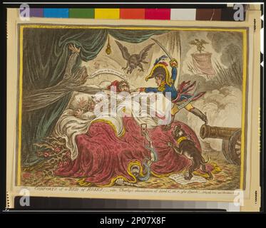 Komfort eines Rosenbetts. British Cartoon Prints Collection , ausgestellt: Gillray und die Kunst der Karikatur. Fox, Charles James, 1749-1806. Napoleon, ich, Kaiser der Franzosen, 1769-1821. Pitt, William, 1759-1806. Alpträume, 1800-1810. , Tod,Großbritannien,1800-1810. Stockfoto