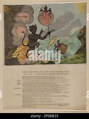 An seine königliche Hoheit Fredrick Duke of York, dieser Teller Satans, der die Vorherrschaft der Macht hält; oder, Bounapartes Drohung, ist sehr bescheiden eingeschrieben, von E. Sanders. British Cartoon Prints Collection Frederick Augustus, Prinz, Herzog von York und Albany, 1763-1827. , Ballons (Flugzeuge),Großbritannien,1800-1810. , Fallschirme, Großbritannien, 1800-1810. , Teufel, 1800-1810. , Stürme, 1800-1810. , Internationale Beziehungen,Großbritannien,1800-1810. , Internationale Beziehungen,Frankreich,1800-1810. Stockfoto