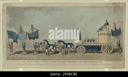 Eine exakte Darstellung der wichtigsten Banner und des Triumphwagens, die Sir Frances Burdett am Montag, den 29. Juni 1807, zur Krone und Anchor Tavern überbrachten, die den 5134 unabhängigen Wählern von Westminster gewidmet waren. British Cartoon Prints Collection Burdett, Francis, Sir, 1770-1844. , Kutschen und Reisebusse, England, 1800-1810. , Paraden und Prozessionen, England, 1800-1810. , Britannia (symbolische Zeichen),1800-1810. Stockfoto