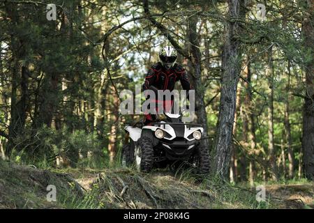 Mann, der ein modernes Quad im Wald fährt. Extremsport Stockfoto