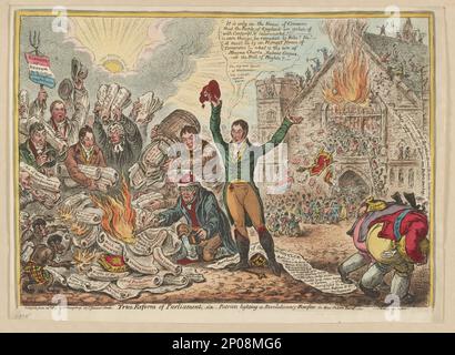 Echte Parlamentsreform, d. h. Patrioten, die im neuen Palace Yard JS ein revolutionäres Lagerfeuer anzünden. Gillray, Inv. & Fect... British Cartoon Prints Collection Burdett, Francis, Sir, 1770-1844. , Tooke, John Horne, 1736-1812. , Boswell, James, 1778-1822. , Weißbrot, Samuel, 1764-1815. Radnor, William Pleydell-Bouverie, Earl of 1779-1869. Clifford, Henry, 1768-1813. , Rebellionen, 1800-1810. Feuer, 1800-1810. Stockfoto