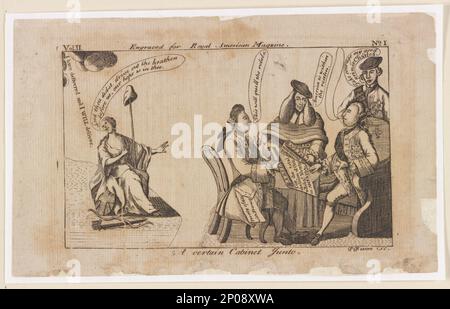 Ein gewisser Kabinettsjunto P. Revere, sc.. British Cartoon Prints Collection George, III., König von Großbritannien, 1738-1820. Nord, Frederick, Lord, 1732-1792. Bute, John Stuart, Earl of, 1713-1792. , Liberty, 1770-1780. , Meetings,Großbritannien,1770-1780. , Propaganda, Amerikanisch, 1770-1780. , Vereinigte Staaten, Geschichte, Revolution, 1775-1783. Stockfoto