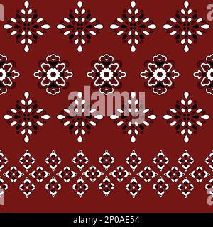 Nahtloses Ajrak-Muster. Abstrakte geometrische Blumenelemente und Ornamente auf dunkelrotem Hintergrund Stockfoto