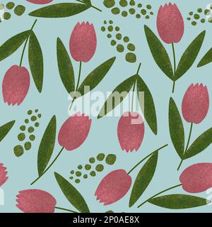 Nahtloses Tulpenmuster. Durchgehender Rasterdruck mit handgezeichneten rosa Blumen mit Stielen und Blättern auf blauem Hintergrund Stockfoto