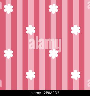 Nahtloses Muster mit weißen Blumen auf pinkfarbenem Streifenhintergrund. Durchgehender Aufdruck mit geometrischen Streifen und Blumen Stockfoto