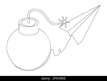 Eine durchgängige Linie aus Bomben- und Papierflugzeug. Vektorkonzept zur Darstellung dünner Linien. Kontur Zeichnen kreativer Ideen. Stock Vektor