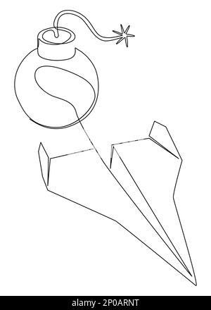 Eine durchgängige Linie aus Bomben- und Papierflugzeug. Vektorkonzept zur Darstellung dünner Linien. Kontur Zeichnen kreativer Ideen. Stock Vektor