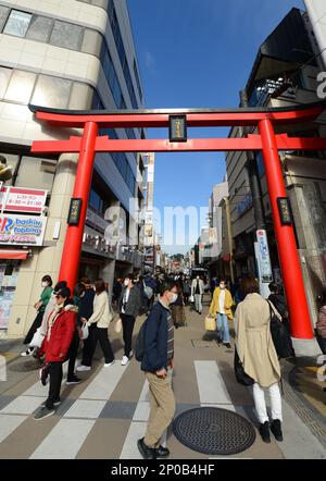 Die geschäftige Fußgängerzone Komachi-dori in Kamakura, Japan. Stockfoto