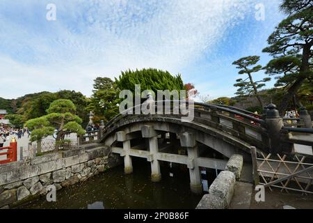 Die berühmte Bogensteinbrücke am Tsurugaoka Hachimangū-Schrein in Kamakura, Japan. Stockfoto