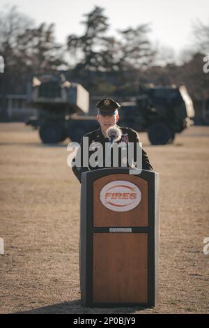 Oberst Shane P. Morgan, Kommandant der Feldartillerie, wurde während einer Zeremonie am Freitag, den 27. Januar, in Fort Sill zum Brigadegeneral befördert. Stockfoto