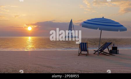 Sonnenuntergang Strandreise Sommerurlaub mit Liegen, Sonnenschirm und Yacht im Meer, 3D-Rendering Stockfoto