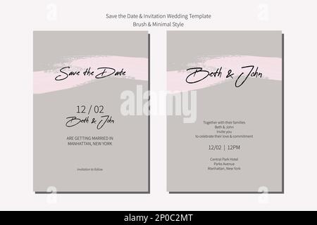 Hochzeitseinladung und bewahren Sie die Vorlage für die Datumskarte mit neutralem, bürstengrauem und minimalistischem Design auf. Stock Vektor