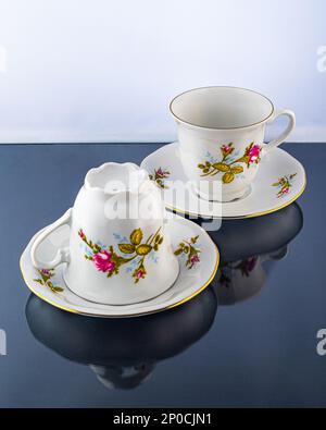 Porzellangeschirr, Kaffee- oder Teetasse. Handbemalte Blumen. Kann zur Veranschaulichung von Porzellan in Zeitungen verwendet werden. Stockfoto