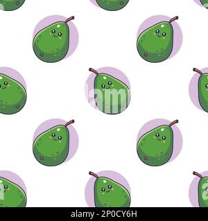 Süßes grünes Kawaii Avocado Nahtloses Muster im Doodle-Stil. Vektor handgezeichnet Cartoon Avocado Illustration. Stock Vektor
