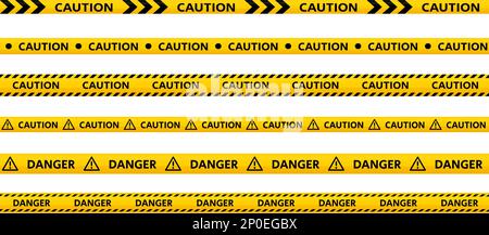 Achtung-Klebeband-Set. Sammlung gelber und schwarzer Warnstreifen. Wiederkehrende Konstruktion, gefährliche Sellotapes. Restriktions- und Verbotszonen Klebeband Hintergrund. Vektor Stock Vektor