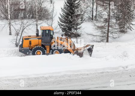 23.01.2023, Kemerovo, Russland. Der orangefarbene Traktor reinigt Schnee von der Straße und lädt ihn in den Lkw. Reinigung und Reinigung von Straßen in der Stadt ab Stockfoto