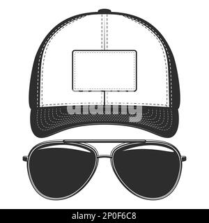 Baseballkappe mit Sonnenbrille monochrome Vektordarstellung isoliert auf weißem Hintergrund Stock Vektor