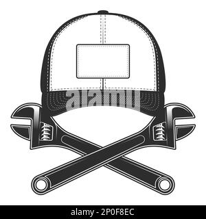 Baseballmütze mit verstellbarem Schraubenschlüssel oder Maulschlüssel für Geschäftsreparaturen monochrome Vektordarstellung isoliert auf weißem Rücken Stock Vektor