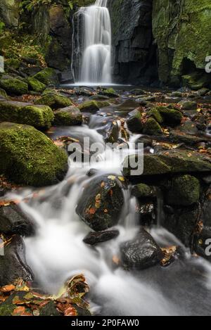 Rauschende Flüsse und Wasserfälle in der Schlucht, Lumsdale Upper Falls, Bentley Brook, Lumsdale Valley, Peak District National Park, Derbyshire, England Stockfoto