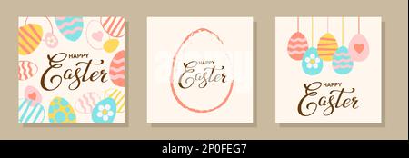 Von Hand gezeichnete Vektorsilhouette mit Ostereiern und Happy easter-Schriftzug. Set mit Osterkarten Stock Vektor