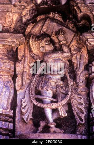 Skulptur mit Haaren im Sri Chennakeshava Tempel Hoysala Tempel in Belur, Karnataka, Südindien, Indien, Asien Stockfoto