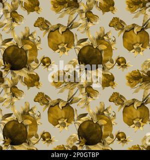 Nahtloses Muster mit handgezogenem Granatapfel in Aquarell. Mittelalterliche Gobelin-Schablone. Verziert mit Früchten, Blättern und Blumen auf einem Ast im Vintage-Stil. Stockfoto