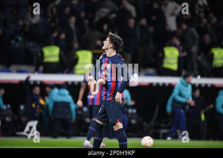 Madrid, Madrid, Spanien, Spanien. 2. März 2023. MADRID, SPANIEN - MÄRZ 2: Spieler des FC Barcelona Gavi feiert nach einem Tor während des Spiels Copa Del Rey zwischen dem FC Barcelona und dem Real Madrid CF im Santiago Bernabéu Stadion am 2. März 2023 in Madrid, Spanien. (Kreditbild: © Sara Arib/PX Imagens via ZUMA Press Wire) NUR REDAKTIONELLE VERWENDUNG! Nicht für den kommerziellen GEBRAUCH! Stockfoto