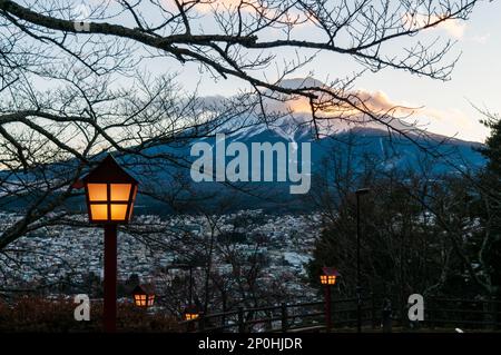 Shimoyoshida, Japan - 27. Dezember 2019. Traditionelle japanische Laternen, die den fuji beleuchten. Stockfoto