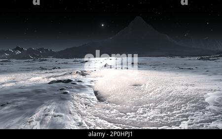 Eis auf dem Mond. Das Eis im Boden eines dauerhaft beschatteten Kraters nahe dem Südpol des Mondes. 3D Abbildung Stockfoto