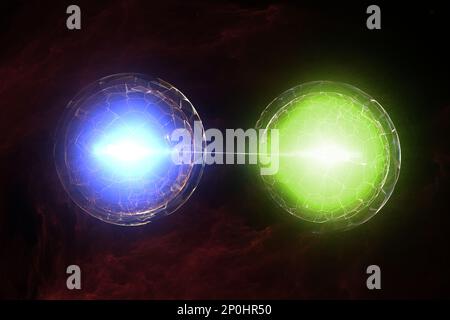 Teilchen, Quantenverschränkung (Quantenkorrelation), Quantenmechanik. 3D Abbildung Stockfoto
