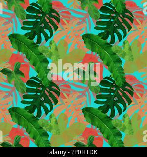 Wasserfarbenes nahtloses Muster mit tropischen Blättern Hintergrund in Neonfarben. Wilder Dschungel. Regenwald von Amazonien. Design für Stoff, Abdeckungen Stockfoto