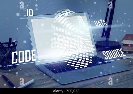 Fingerabdruck-Identifikation. Moderner Laptop im Holztisch im Innenbereich Stockfoto