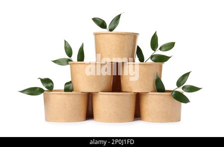 Umweltfreundliche Lebensmittelbehälter und Zweige auf weißem Hintergrund Stockfoto