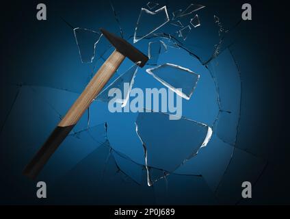 Hammer zerbricht Glas vor schwarzem Hintergrund Stockfoto