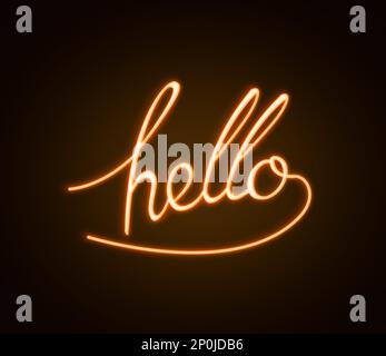 Stilvolles Neonschild mit dem Wort „Hello“ auf dunklem Hintergrund Stockfoto