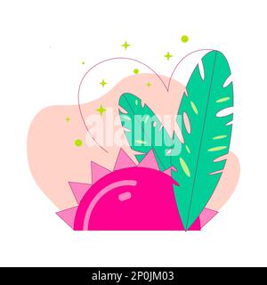Pinker Sonnenuntergang mit Federn und grünen Blättern. Sommerlogo oder Symboldesign isoliert auf weißem Hintergrund. Vektordarstellung. Stock Vektor