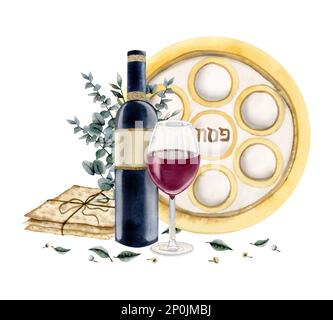 Aquarelle Passwortsymbole für Grußkarten, Karten, Einladungen, Posts in sozialen Medien mit Wein, Matzah, Pesach-Setzteller, Eukalyptus Stockfoto