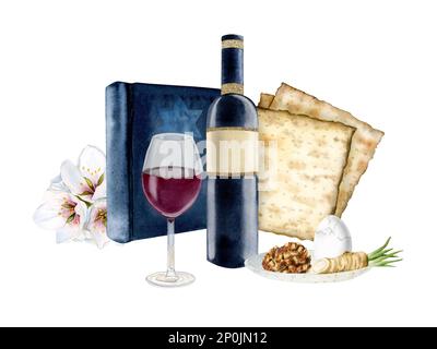 Aquarell Essen und Symbole für Begrüßungen, Posts in sozialen Medien mit Wein, Matzah, Haggadah Buch, Frühlingsblumen. Stockfoto