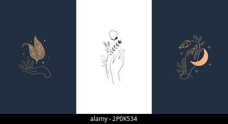 Vektorsatz mit Handlogos. Mit Pflanzen, Blättern und Mond. Schönheit, Pflege, Naturbilder und Ikonen Stock Vektor
