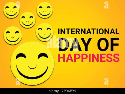 Text zum Internationalen Tag des Glücks mit Smiley-Gesichtern auf gelbem Hintergrund. Vektordarstellung Stock Vektor