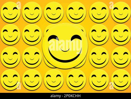 Lächelnde gelbe Emoticons mit Smiley-Gesichtern auf gelbem Hintergrund. Vektordarstellung Stock Vektor