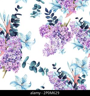 Nahtloses Muster von Frühlingsblumen Flieder. Aquarelle Abbildung auf weißem Hintergrund. Stockfoto