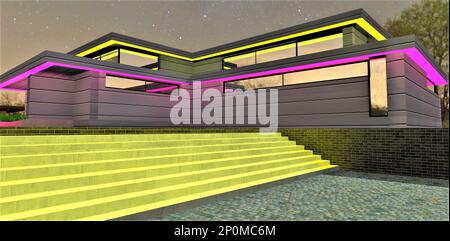 Betontreppe mit gelber fluoreszierender Farbe, die nachts leuchtet. Sieht gut aus im Garten eines jeden Vorstadthauses. 3D-Rendering. Stockfoto