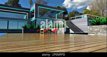 Lackierter Holzfußboden auf dem Territorium des Landschaftsguts. Mit Glasaußenseite und tagsüber leuchtenden Fensterelementen als Fassadendekoration. Zwei rote Su Stockfoto
