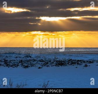 Landschaft des Strandbereichs Schwarzer Sandstrand komplett mit Schnee bedeckt mit goldenem Licht der Dämmerung, das sich im Meerwasser mit den Strahlen der Su spiegelt Stockfoto