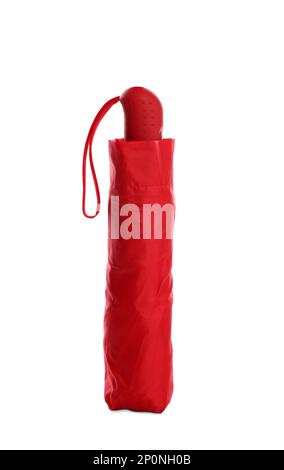 Eleganter geschlossener roter Regenschirm isoliert auf Weiß Stockfoto