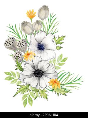 Aquarell Bouquet mit Blumen Anemonen, gelben Blumen, trockenem Mohn und trockenem Lotus. Weiße sanfte Anemonen. Anordnung der Blumen. Design für Postkarten Stockfoto