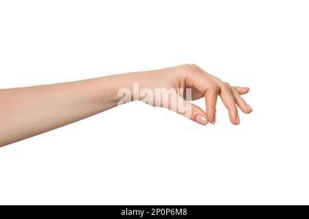 Die Hand einer Frau hält oder zieht an einem unsichtbaren Faden oder einer Schnur. Leere Hände. Stockfoto