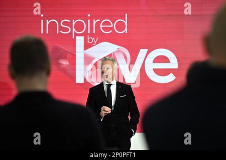 Marc Raisiere, CEO von Belfius, stellte am Freitag, den 03. März 2023, auf einer Pressekonferenz die Ergebnisse der Belfius-Bank für 2022 Jahre im Belfius-Turm, dem Hauptsitz der Bank in Brüssel, vor. BELGA FOTO ERIC LALMAND Stockfoto